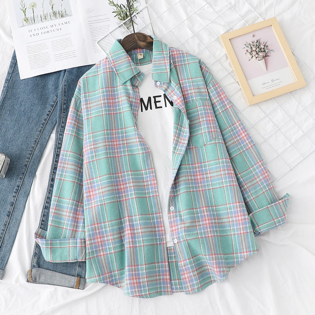 Brand Casual Women\'s Plaid Shirt 2024 Autumn New Boutique Ladies Loose Long Sleeve Blouses and Tops Female Checked Clothing