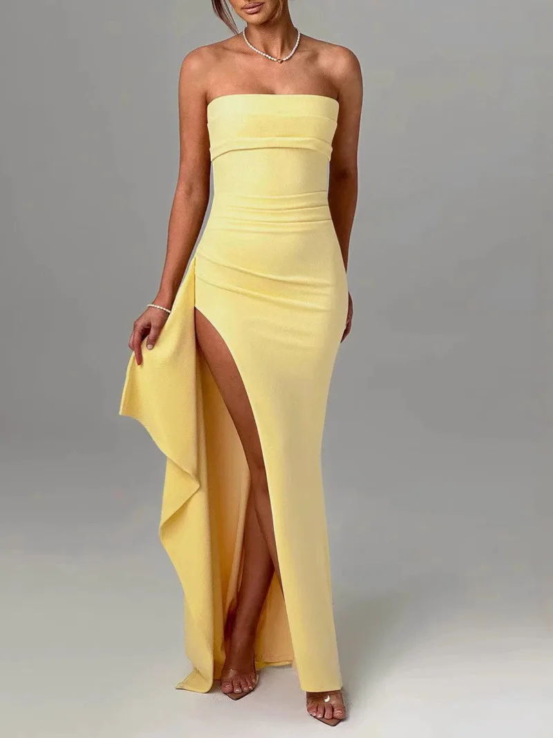Strapless Backless High Split Maxi Dress For Women Black Off-shoulder Sleeveless Bodycon Club Party Long Dress Clothes R9D3