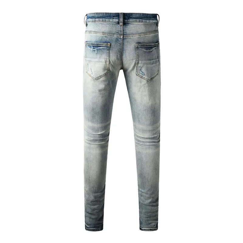 Y2K High Street Fashion New High Quality Men's Jeans Wrinkle Washed Nostalgic Perforated Light Blue Jeans Hip Hop Brand Splicing