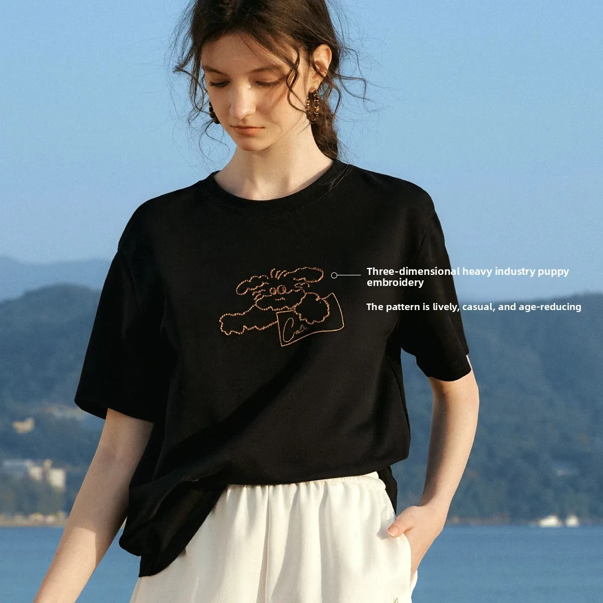 OLrain Women's Black Casual T-Shirt Puppy Embroidery Design Crew Neck Loose Short Sleeve Top 2026 New Summer Tee O58XT005605