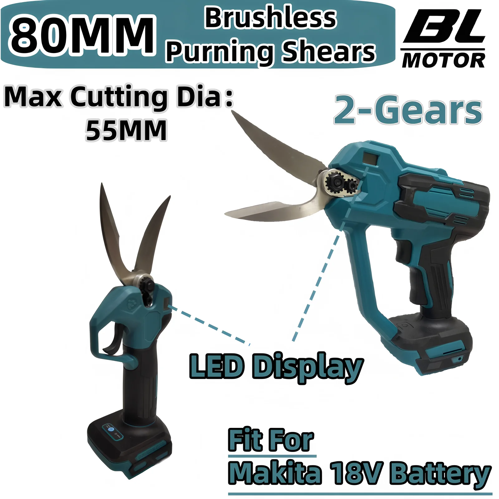 80MM Open Brushless Electric Pruning Shear Garden Tool Pruner With LED Display 2-Gears Garden Scissors Fit Makita 18V Battery