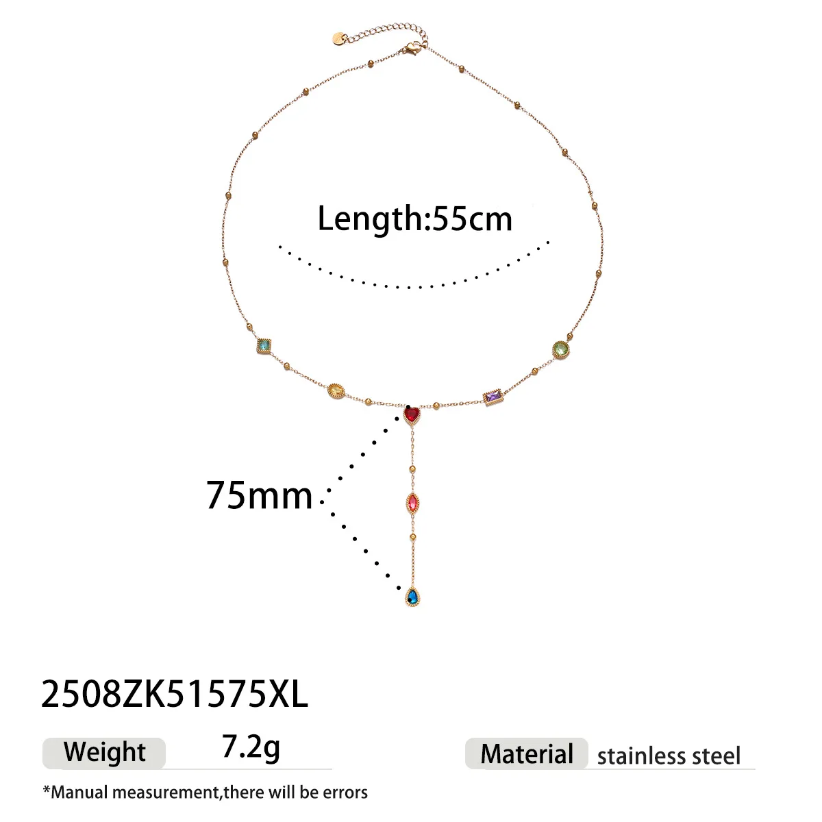 Edelstahl-Halskette mit farbigem Zirkon und Quaste, luxuriöse lange Halskette mit herzförmigem Perlenanhänger, Zirkon-Quaste, nicht verblassender Schmuck – Detail 3