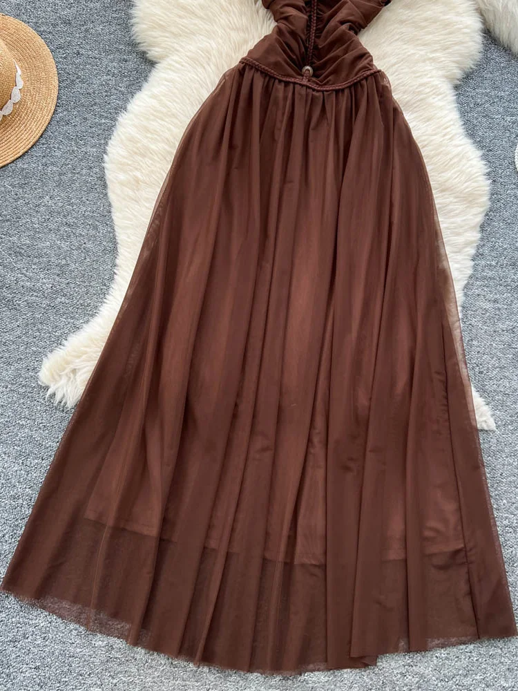 Retro oulder Bared Dr Dames Nieuwe Hoge Taille Afslanken A-lijn Tule Lange Dr Ele Ci Woon-werkkleding