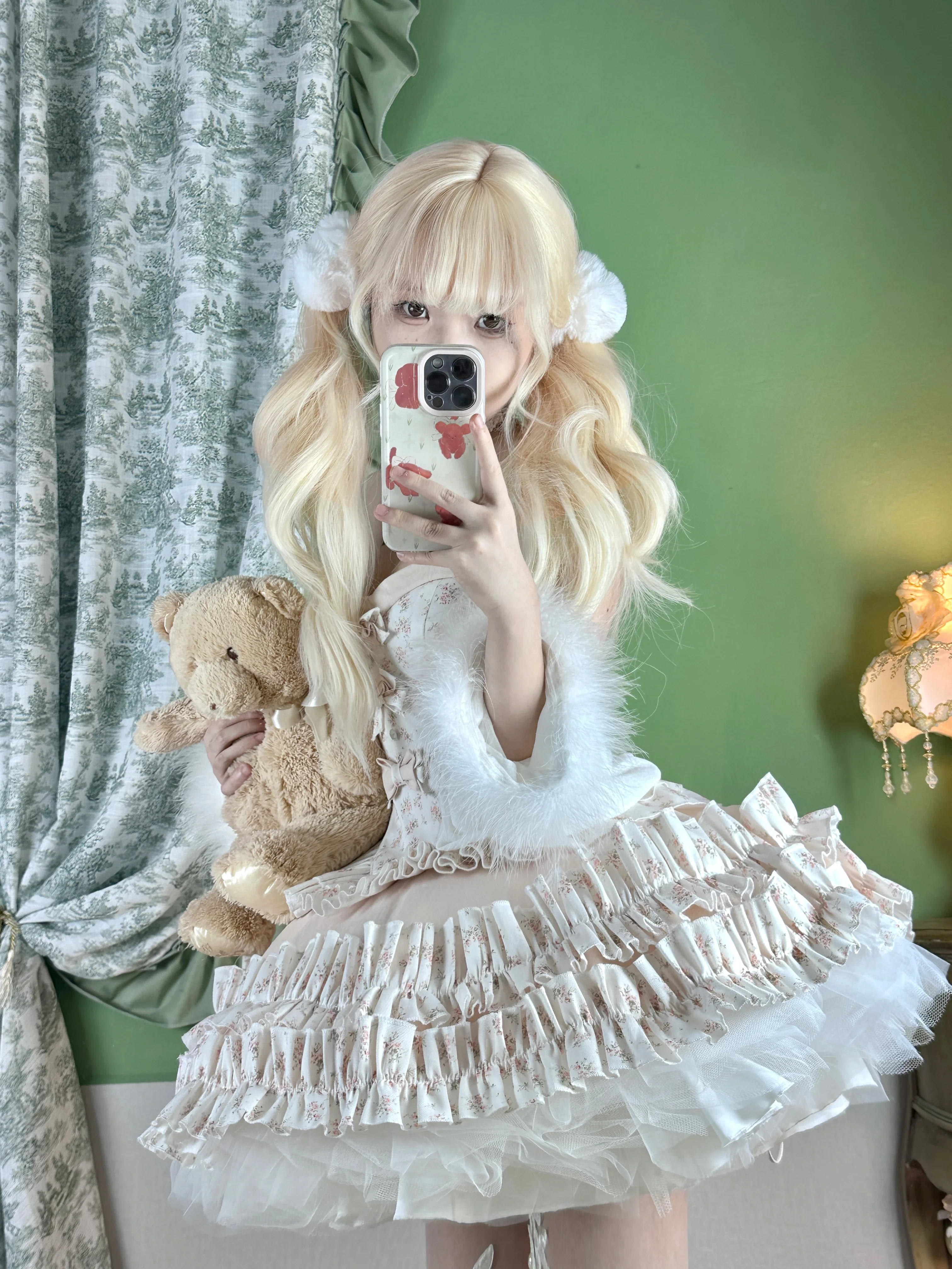 النمط الفرنسي الفتيات تنورة الأميرة مجموعة وتتسابق لوليتا الحلو المطبوعة فستان عيد ميلاد سليم القوس صديرية دائرية معطف الرأس نفخة تنورة 3 قطعة #6