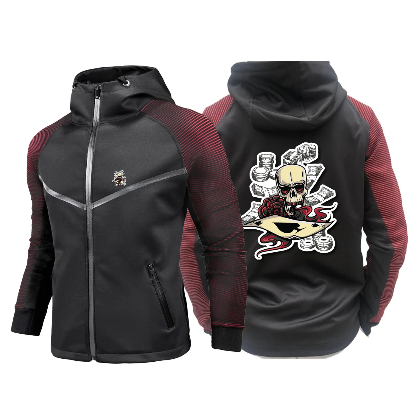 2025 Spring Autumn Men's Skull Poker chip Pattern Printed Fashion Racing Suit Gradient Color Slim Fit Breathable Zipper Jacket