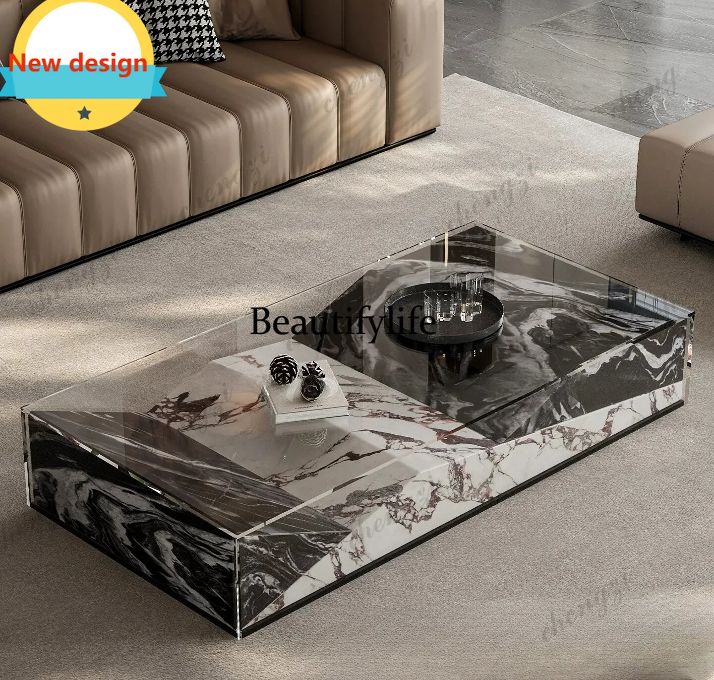 H178  Italian minimalist, luxury stone coffee table large flat living room, can be customized rectangular color matching coffee