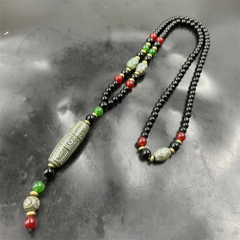 Green Nine-Eyed Dzi Sweater Chain Tibetan Old Agate Necklace
