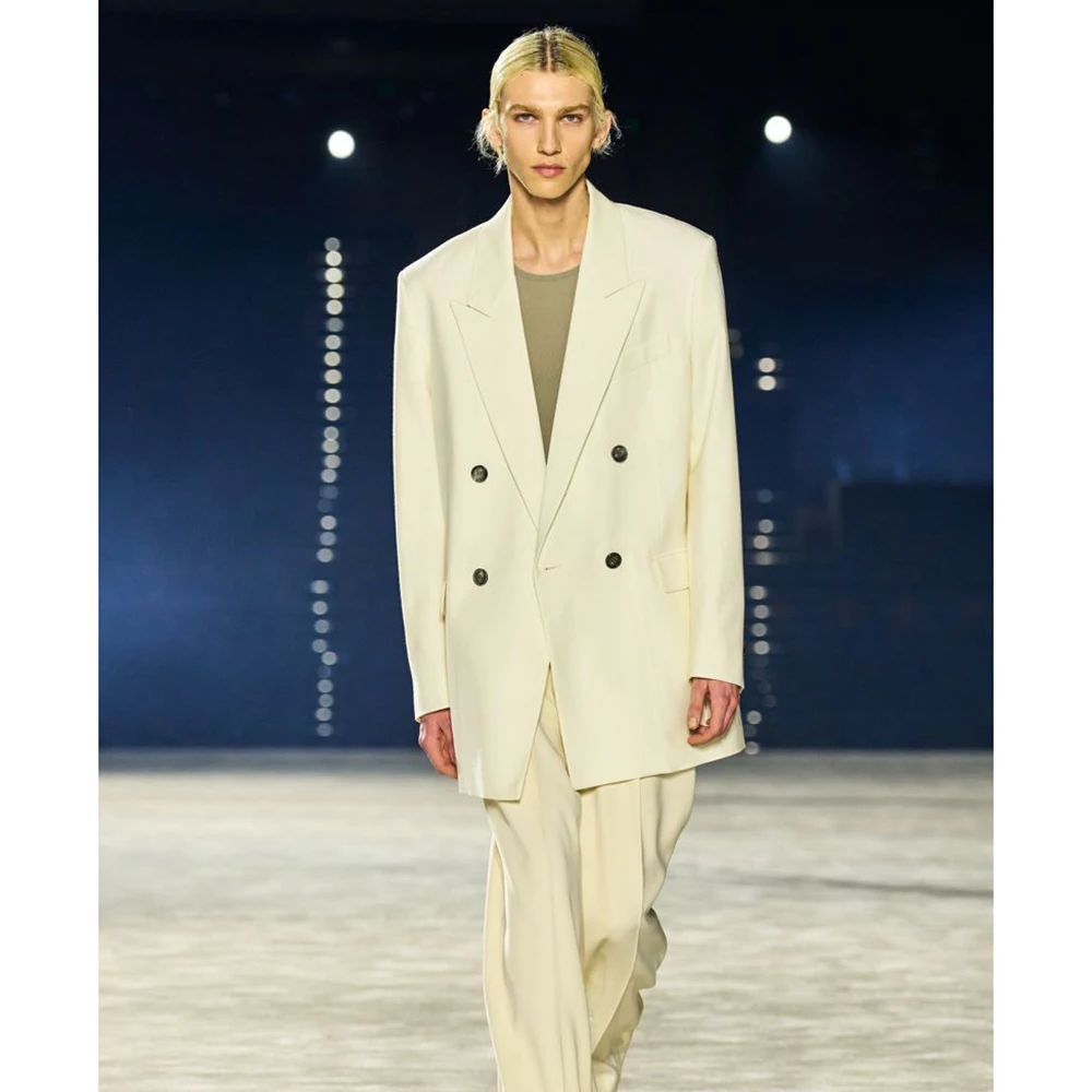 

Мужской костюм оверсайз с двубортным пиджаком и брюками-палаццо, кремово-бежевый, для торжественных и повседневных мероприятий, деловых встреч, свадеб и вечеринок