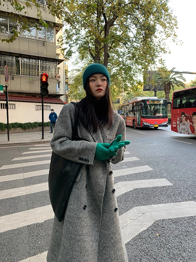 

2025 Autumn And Winter Elegant Office Lady Suit Collar Double-Breasted Rabbit Hair Loose Woolen Jackets Women's Long Wool Coats