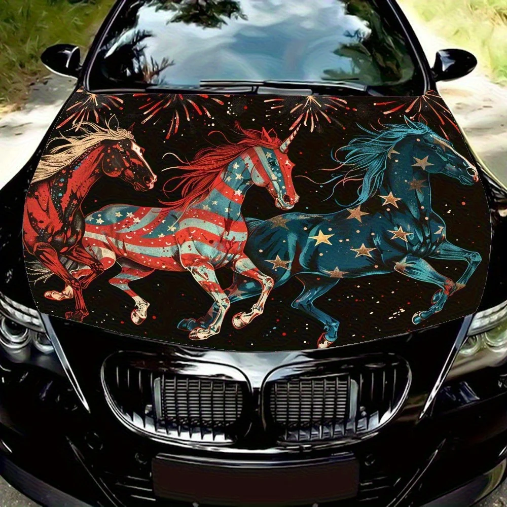

Unique Horse Graphic With American Flag Elements Car Hood Decal Sticker - Durable Vinyl Wrap With Vibrant Flames & Smoke Design,