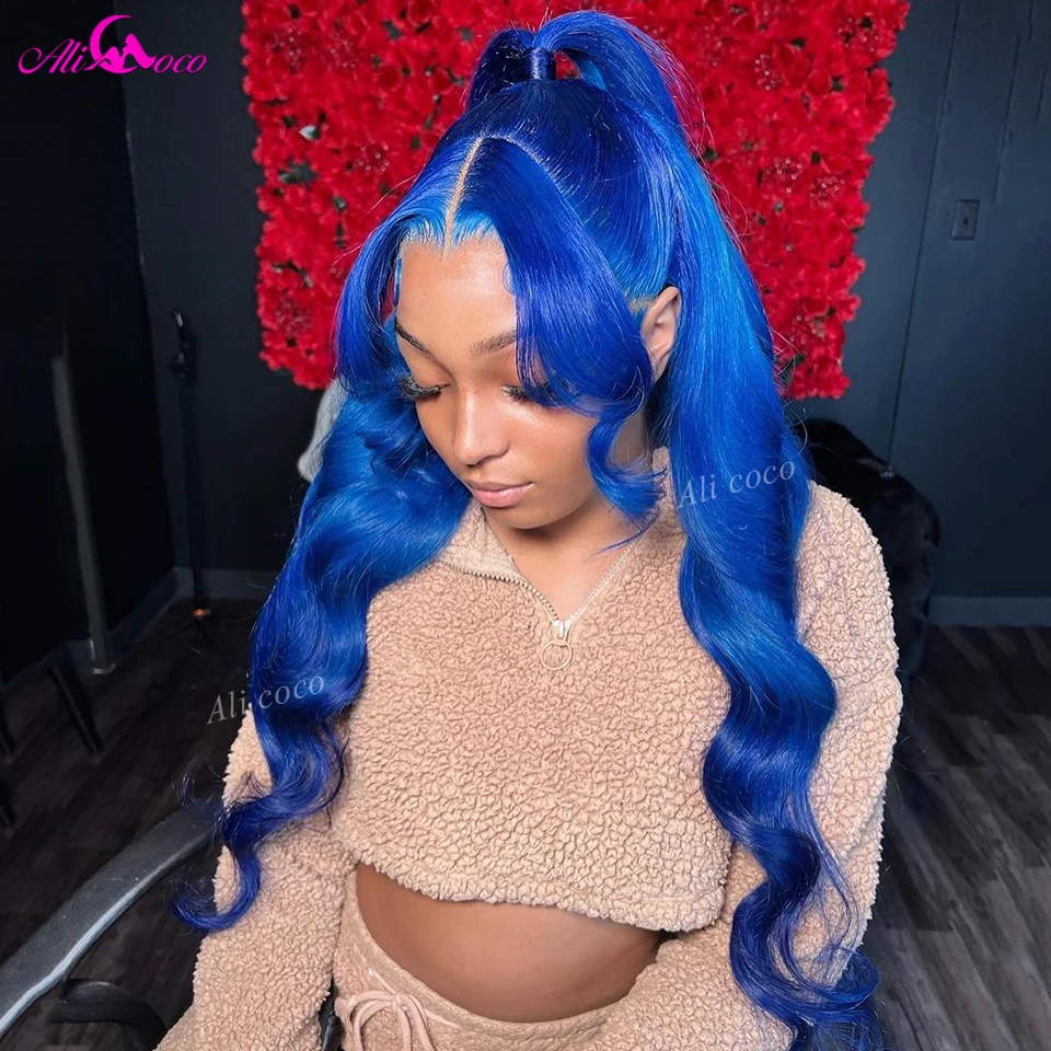 

13x6 Blue Colored Human Hair Wig Body Wave Lace Frontal Human Hair Wigs Female Wigs For Women Transparent Lace 200 Density Wigs