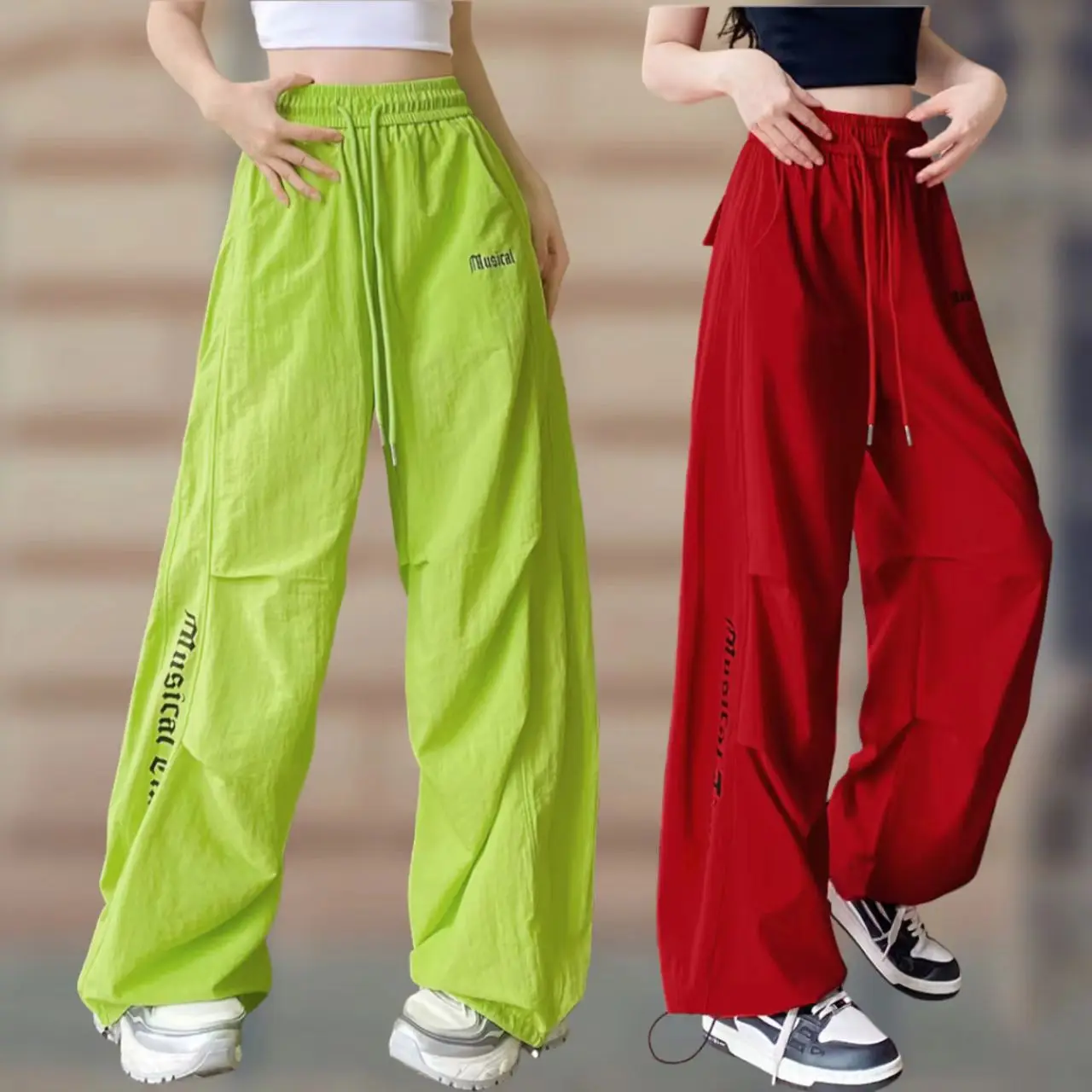 summer-nylon-lightweight-parachute-pants-women's-cuffed-straight-leg-two-way-wear-square-dance-wide-leg-pants-sports-trousers