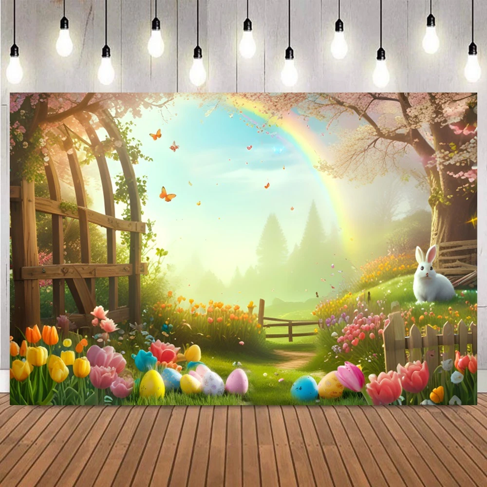 Spring Easter Garden Bunny Eggs Floral Fence Photography Background Photo Backdrop for Baby Shower Portrait Party Home Decor
