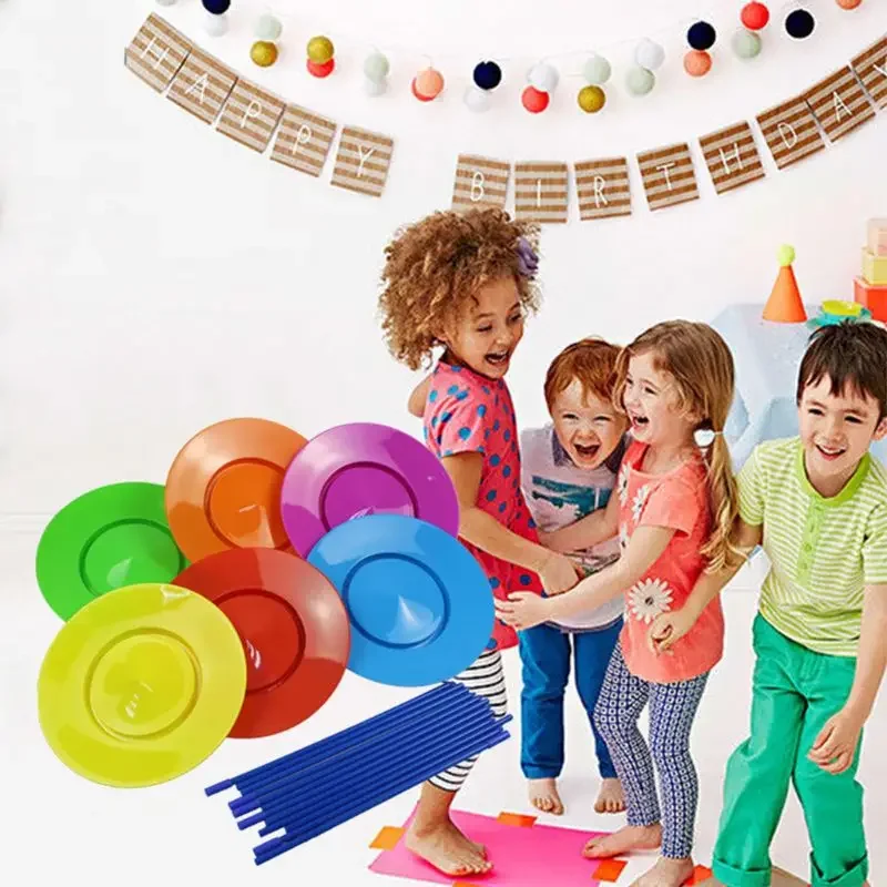 Set di 6 piatti e bastoncini rotanti, gioco di giocoleria del circo, giocattolo per abilità sull'equilibrio, oggetti di scena