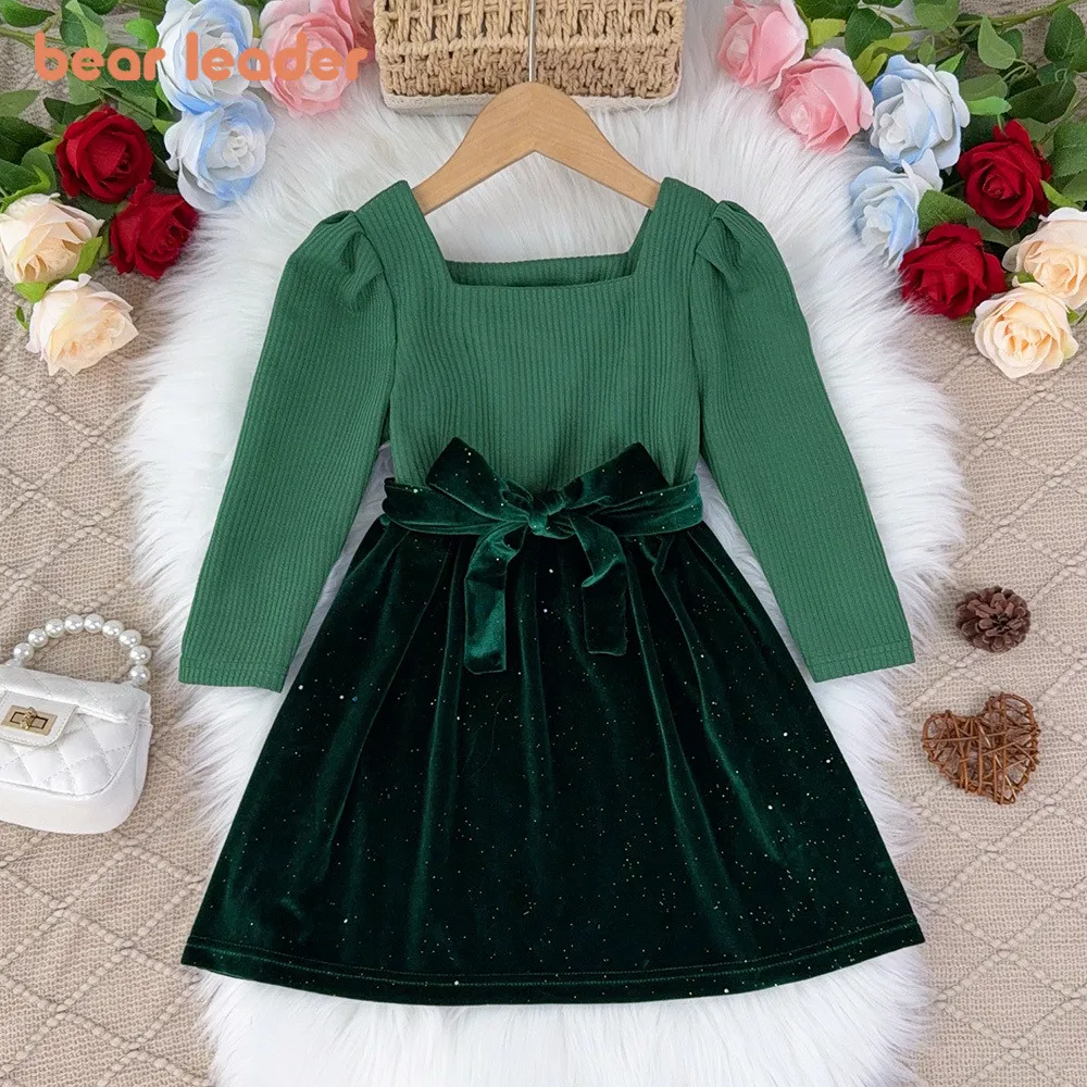 

Лідер медведя, корейская версия, лоскутное рождественское платье принцессы в полоску, весенне-осенняя яркая новогодняя одежда с длинными рукавами для девочек