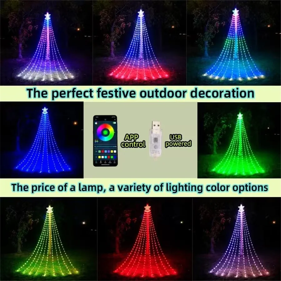 Smart App Control RGB Waterfall String Light USB Powered Outdoor Christmas Star Fairy Lights for Party Wedding Garden Decoration