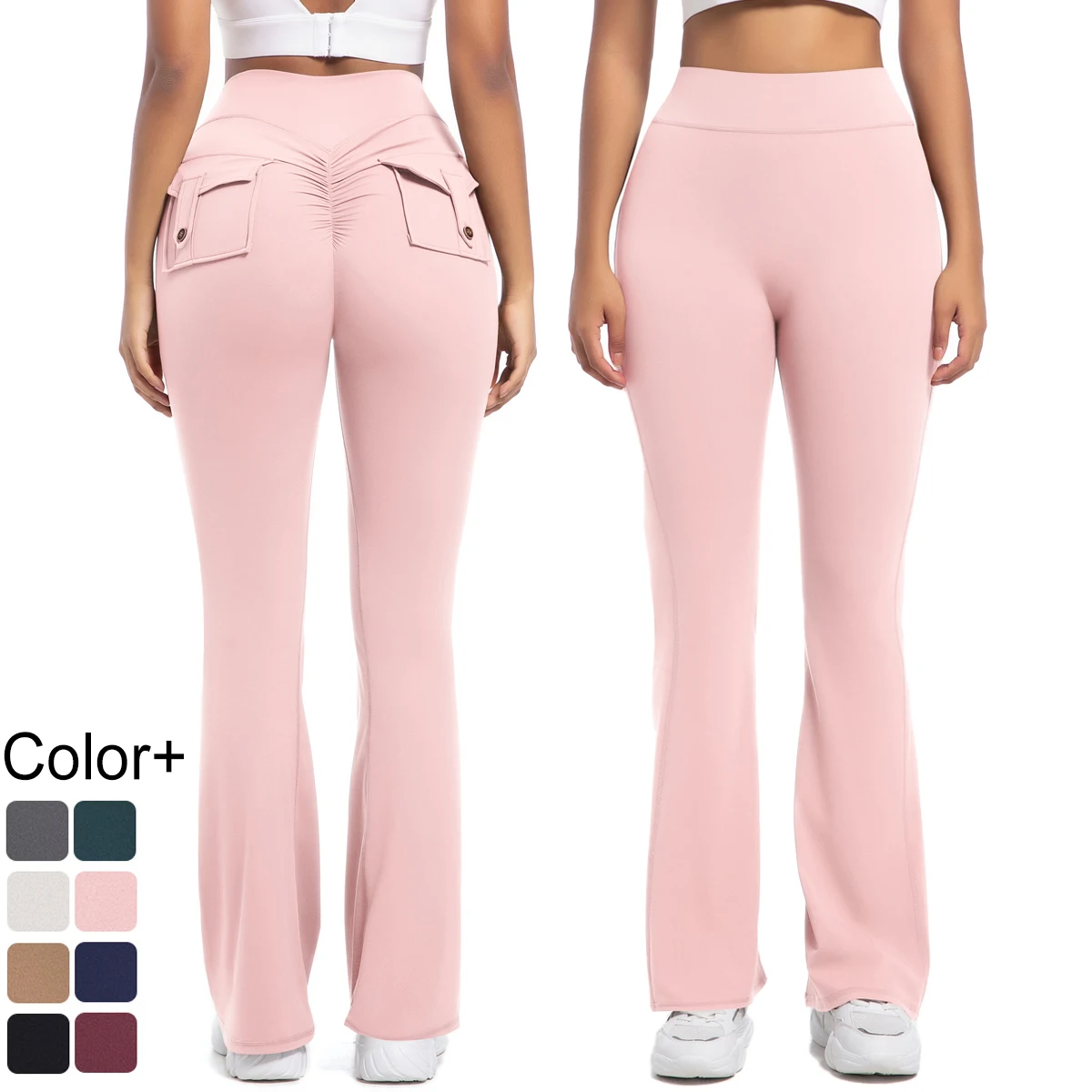 

Solid Color Legging Wide Leg Pants With Pockets Button Gym Push Up Peach Buttocks Workout Quick Drying Yoga Pants