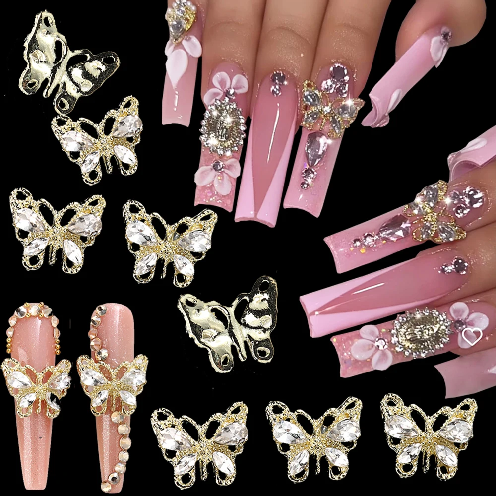 Liga Brilhante Borboleta Prego Encantos, 3D Metal Borboleta, Cristal Diamantes Gems, DIY Manicure Decors Peças, LEBXHQ, 5Pcs por Conjunto