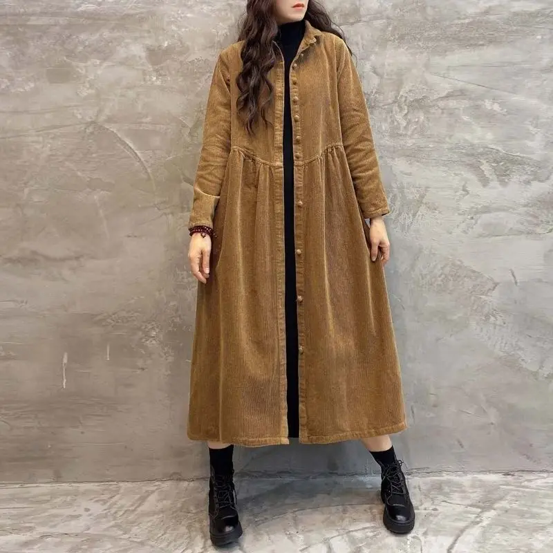 

2024 New Spring Autumn Corduroy Windbreaker Outerwear Fashion Women Trench Coat Mid-length Sagging Sensation Hooded Casual Coat