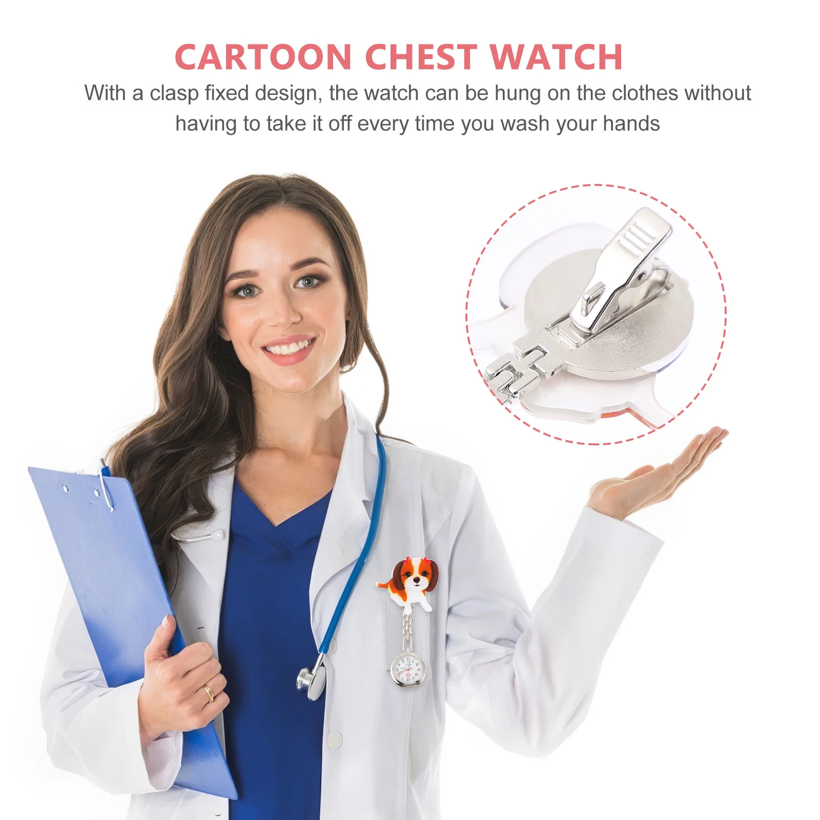 1 conjunto de relógio de suspensão de desenho animado, relógio de enfermeira de cachorro pequeno, clipe seguro, aço inoxidável, cronometragem precisa, presente para enfermeiras, médicos, exame
