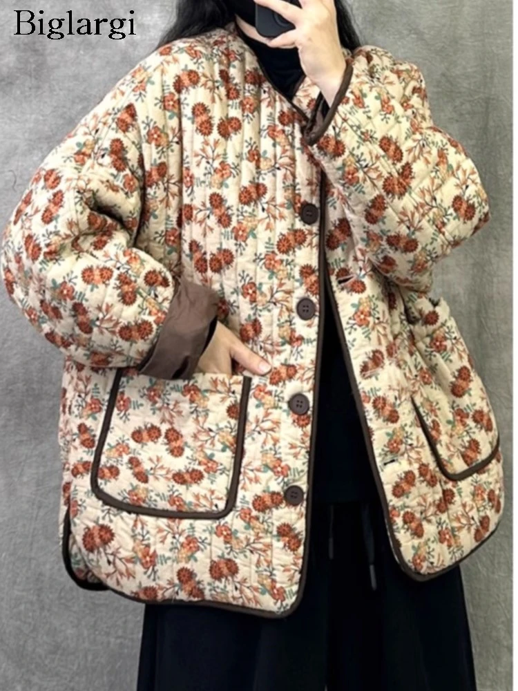 

Oversized Padded Cotton Winter Flower Floral Print Coat Women Loose Fashion Long Sleeve Ladies Jackets Casual Woman Coats