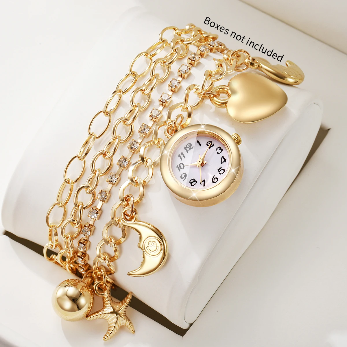 Fashion Golden Women Quartz Watch Moon Heart Charm Rhinestone Multi‑Layer Bracelets Ladies Watches Relogio Feminino（Without Box）