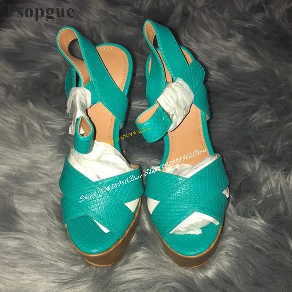 Peacock Blue Wood Print Platform Sandals Stilettos High Heel Women Shoes Ankle Buckle Strap Open Toe 2024 Zapatos Para Mujere