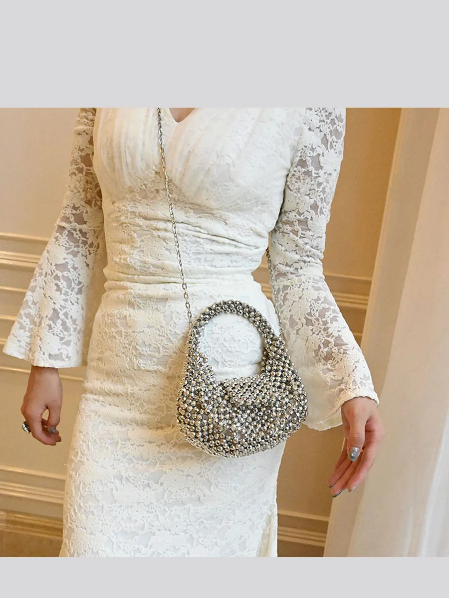 

UGALS Luxury Handmade Beaded Woven Pearl Dumpling Pillow Cloud Handheld Crossbody Small Bag Ele Lady Sle
