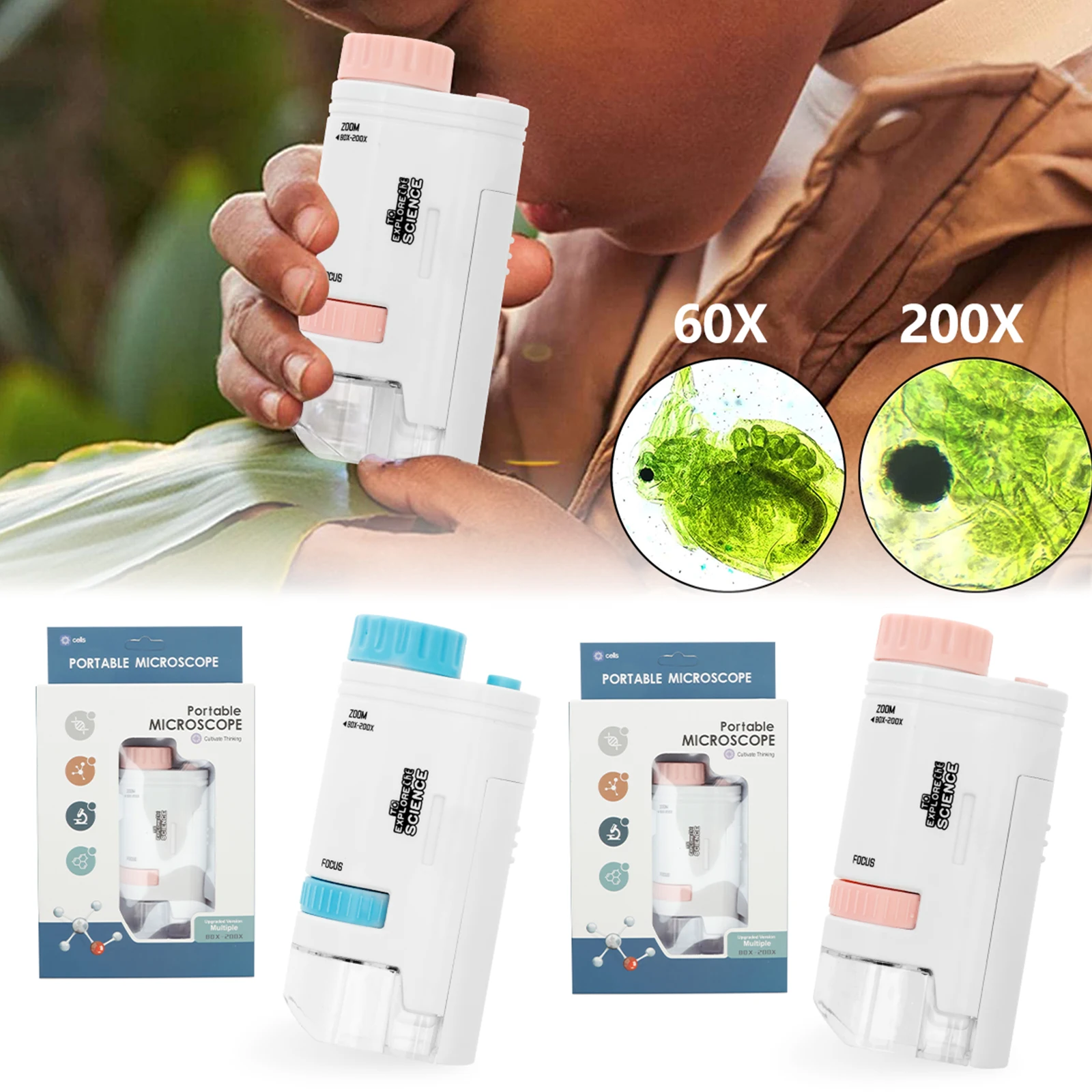 

Карманный микроскоп 60-200x со светодиодной подсветкой, портативный детский микроскоп, карманный микроскоп для микробиологического наблюдения и обучения