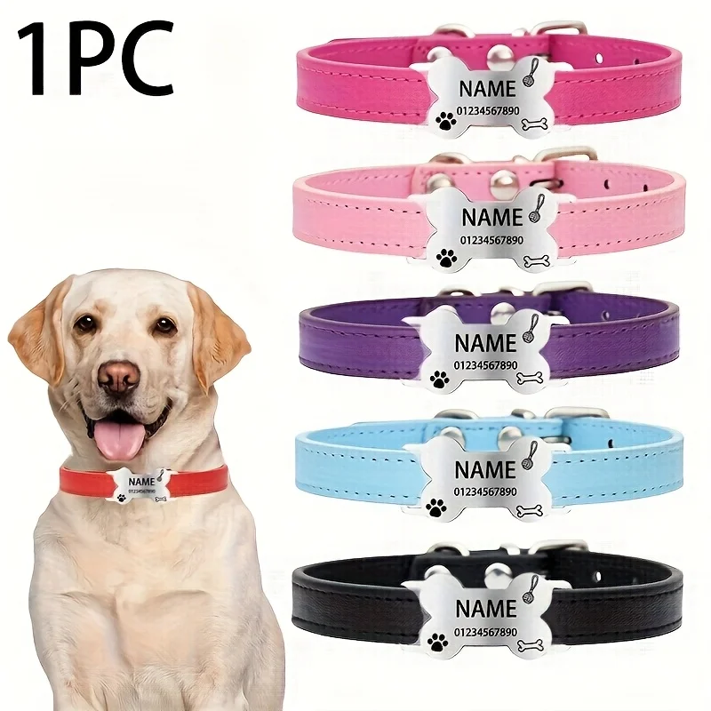 Hundehalsband mit gebogenem, knochenförmigem Anhänger, mit Knochen- und Pfotenabdruck-Muster, personalisierbarer Namensanhänger mit Telefon-ID für Haustiere.