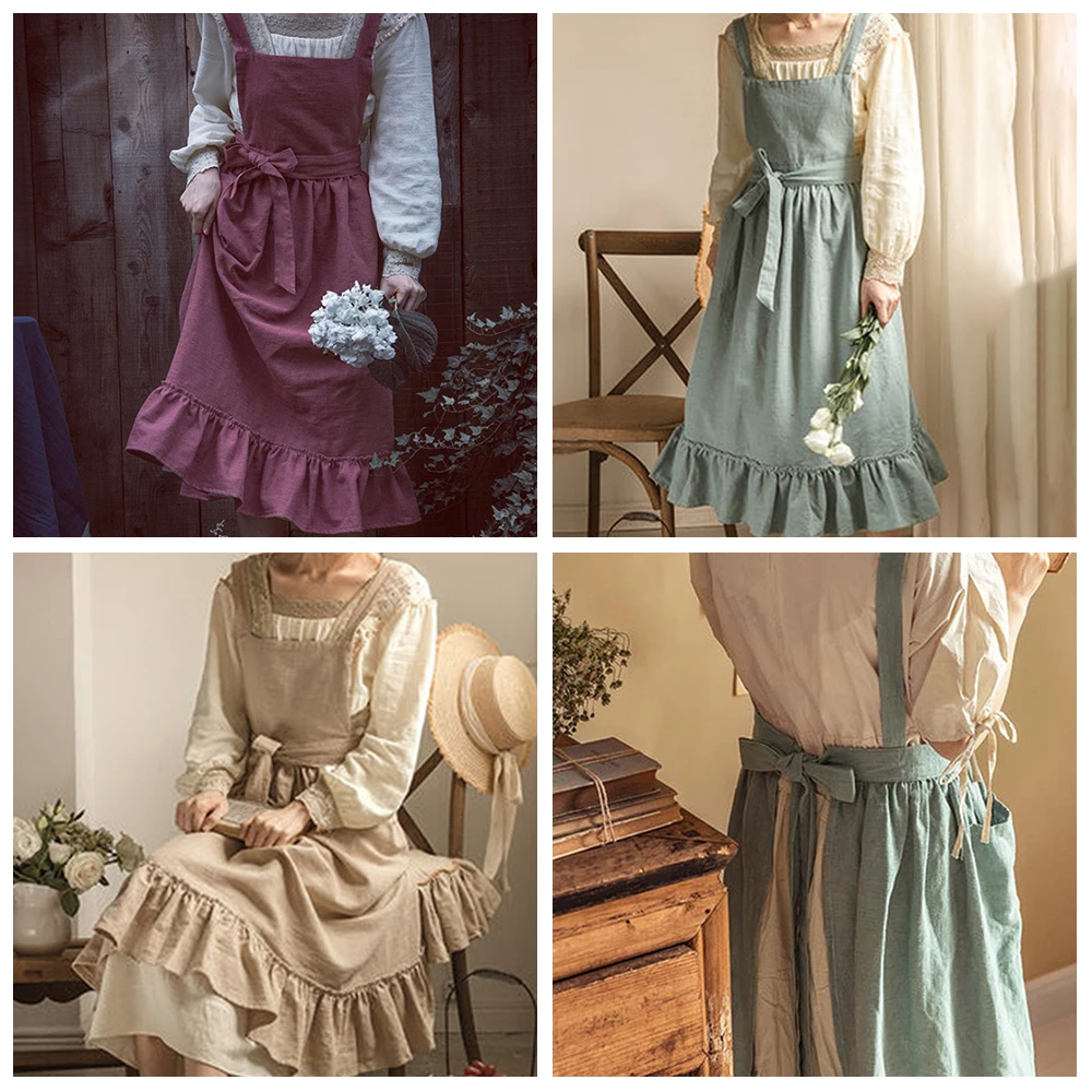 1PC French Pastoral Florist Artsy Cotton Linen Vintage Apron Kitchen Baked Nordic Solid Color Ruffled Apron
