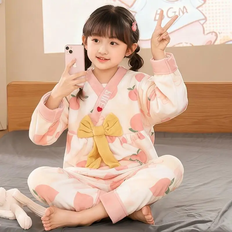 Girls Thickened Flannel Coral Fleece Pajamas Set Warm Cozy Autumn Winter Sleepwear Home Loungewear for Children Kids Toddlers