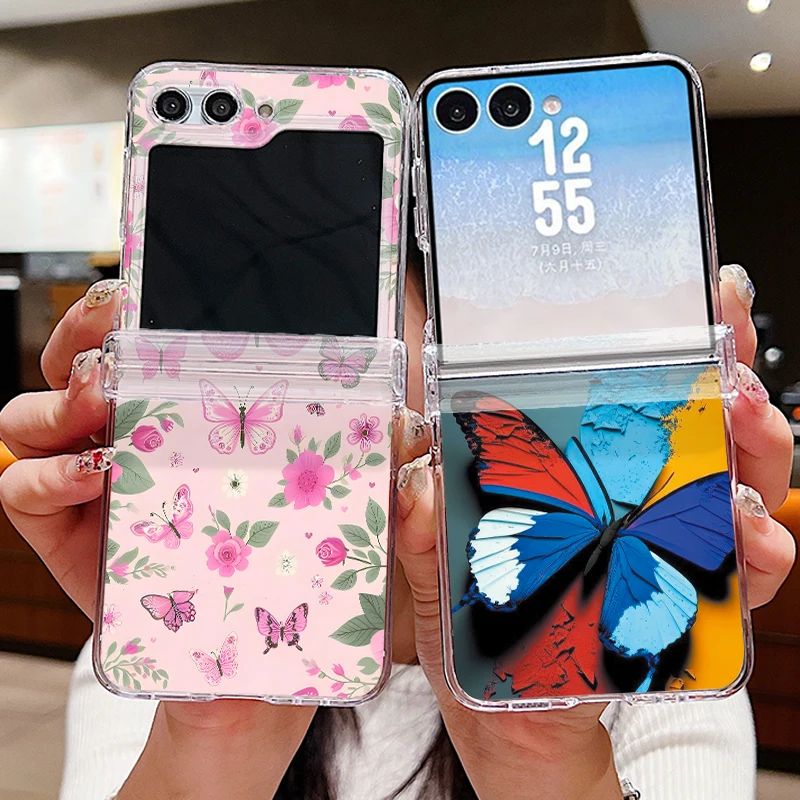 Butterfly Printed Magnetic Phone Case For Samsung Galaxy Z Flip 7 FE 6 5 4 Flip7 Flip6 Flip5 Shockproof Folding Clear Hard Cover
