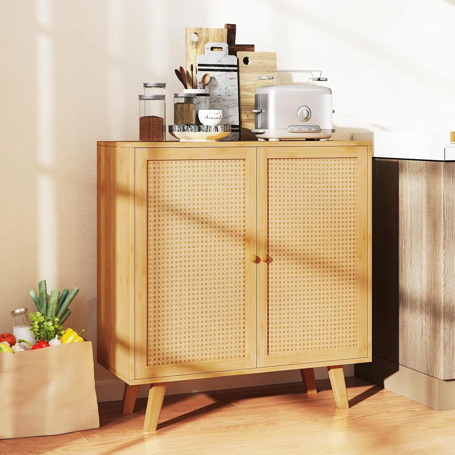 Bamboo Buffet Cabinet 2 Boho Sideboard with Rattan Doors Freestanding Cupboard Coffee Bar for Living Dining Hallway, Customized