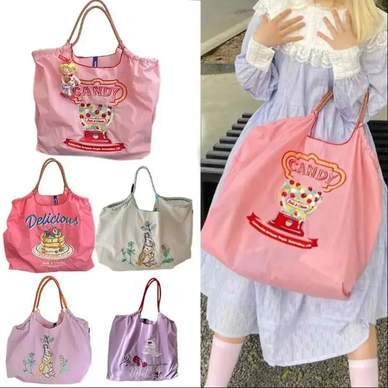 Nylon Tote Bag Embroidered Shopping Bag Oxford Cloth Shoulder Women Eco Friendly Bag Casual Large Capacity Handbag Girls Gift