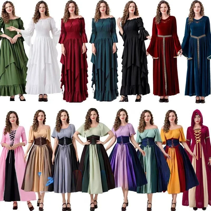 

Adult Halloween Cosplay Long Skirt Dress Multicolored Waist Tie Renaissance Vintage Style Fashionable Women's Traditional Cos...