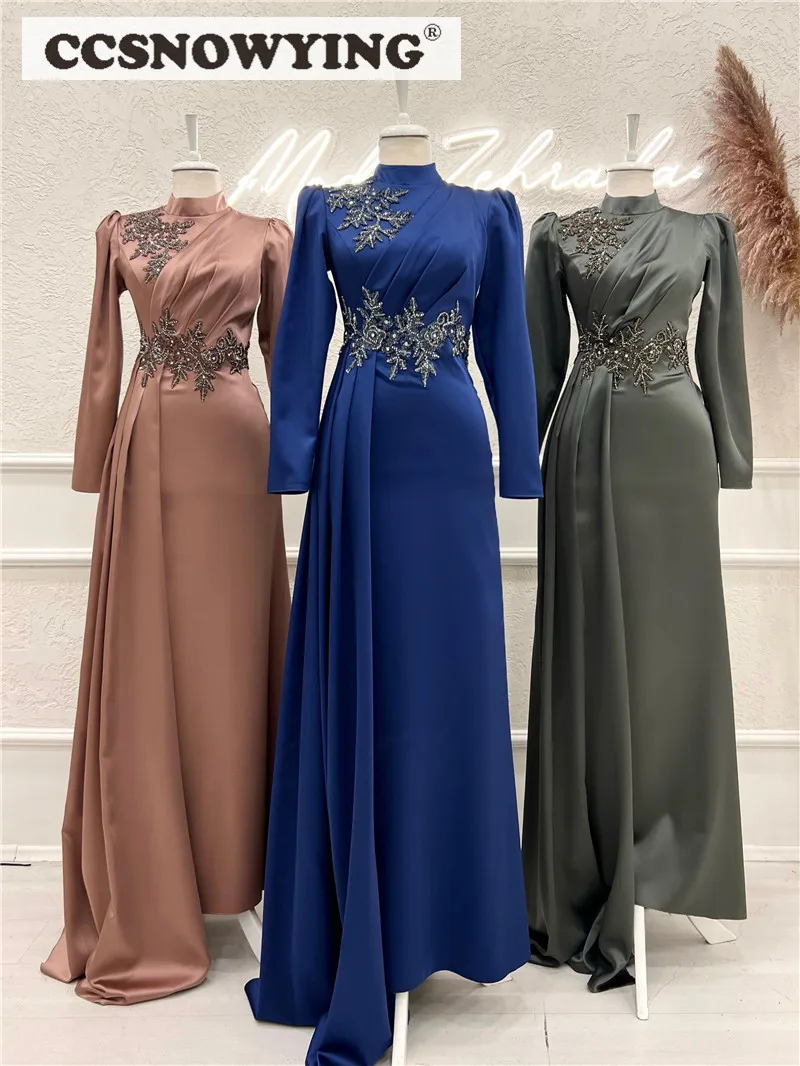 Dusty Rose Satin Long Sleeve Muslim Evening Dresses Appliques Islamic Hijab Formal Party Gown Women Arabic Dubai Robe De Soiree