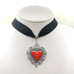 Large Sacred Heart Necklace,Flaming Sacred Heart,Religious Jewelry , Love of God Sacred Heart Necklace,Goth Heart Velvet Choker