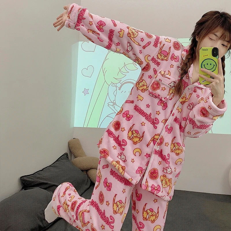 Kawaii Pajamas Set For Women Winter Warm Flannel Sleepwear 2 Pieces Anime Pijama Mujer School Girls Roomwear Harajuku Nightgown