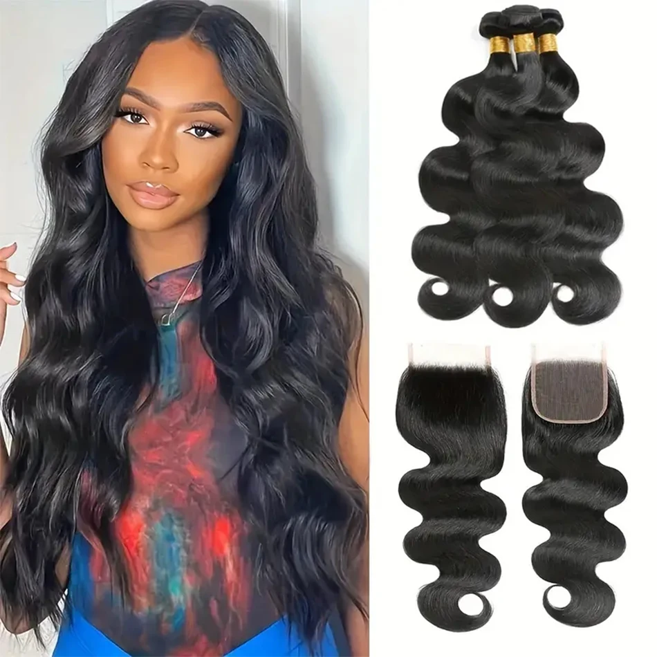 Brazilian Body Wave Bundles With Closure Human Hair 4x4 HD Transparent Lace Closure Human Hair Weave 3 Bundles With Closure #1B