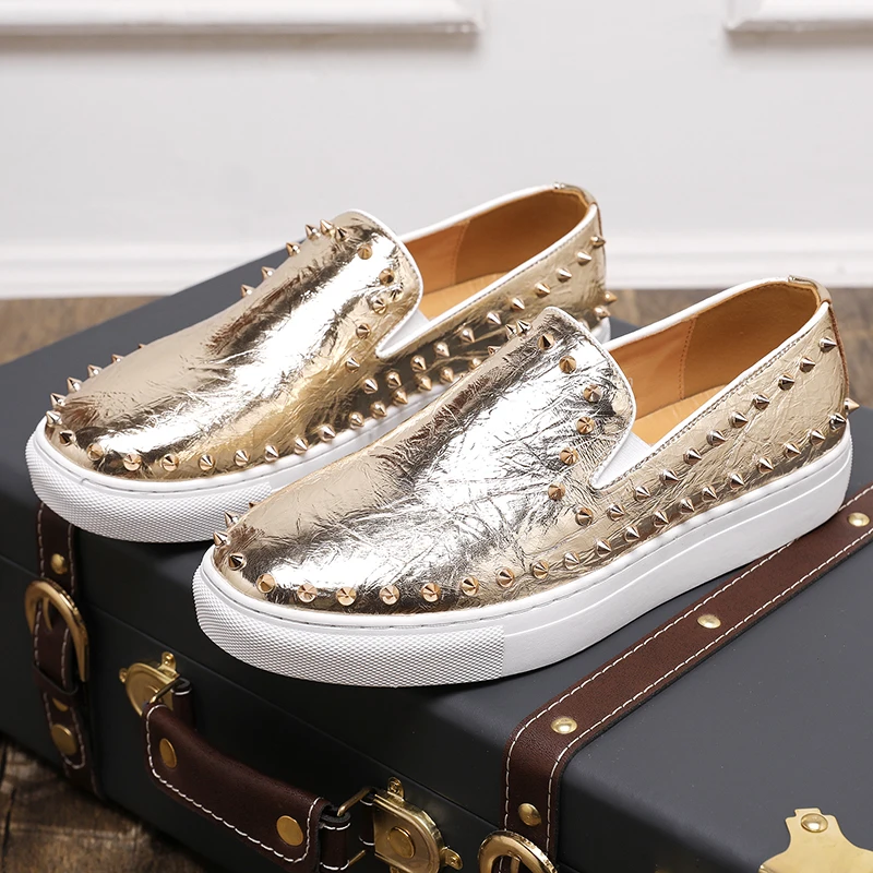 

plus size men fashion gold rivets shoes slip-on studded shoe flats platform spikes loafers punk rock sneakers leather footwear