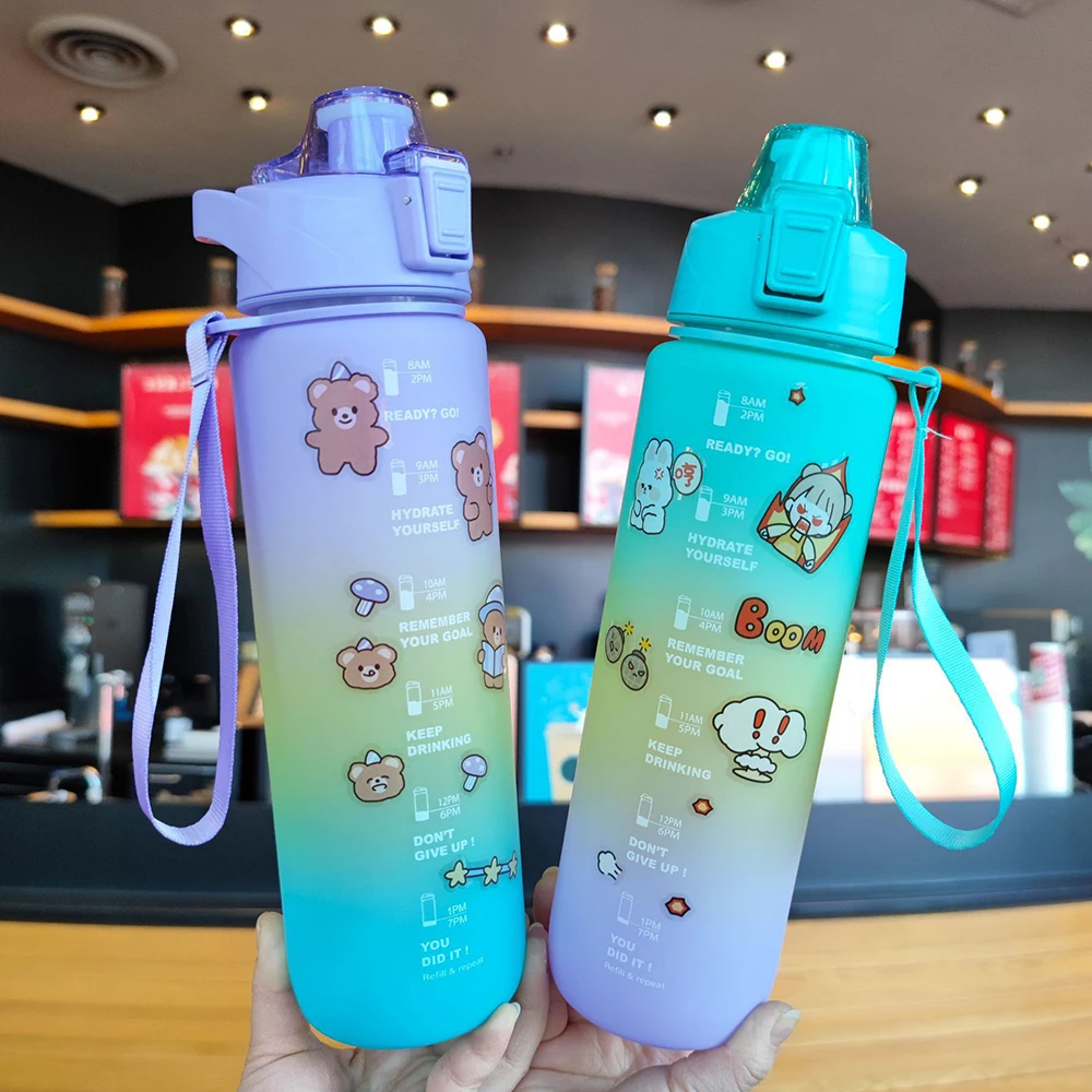 YCALLEY Sports Water Bottle 1000ml with Bounce Cap Timeline Reminder Leakproof Dustproof Outdoor/Home/Office/Sports WaterBottle