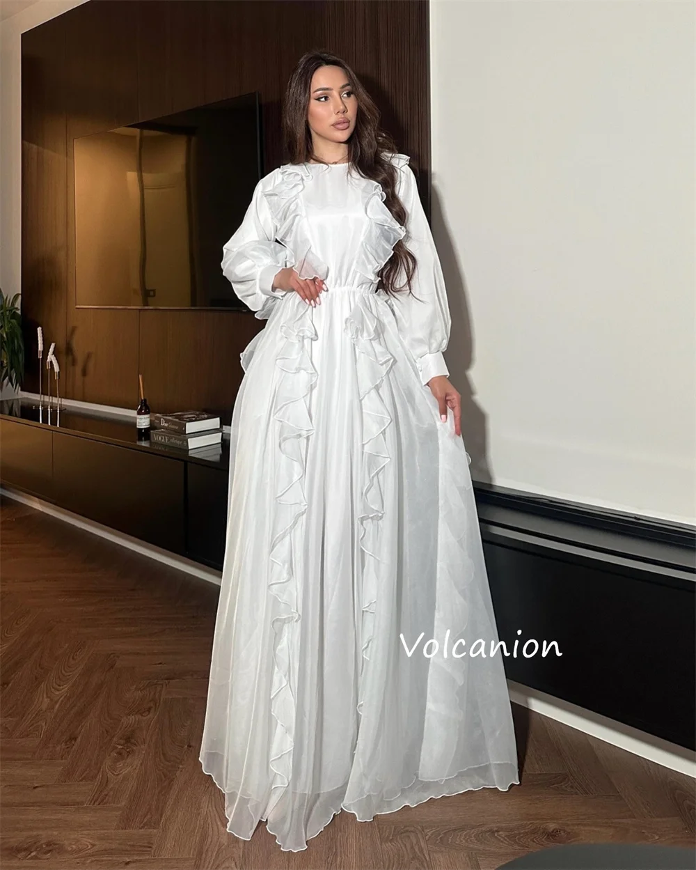 تخصيص الشيفون كشكش ألف خط س الرقبة فساتين طويلة مخصصة مناسبة حفلة موسيقية أنيقة بسيطة جودة عالية