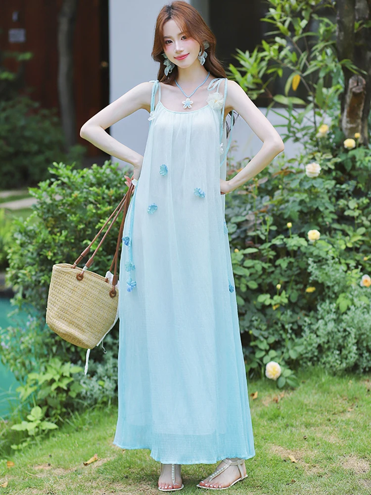 

Women Blue Gradient Chic Loose Sling Sexy Long Dress Summer Beach Style Elegant Casual Dress 2025 Korean Fashion Holiday Dresses