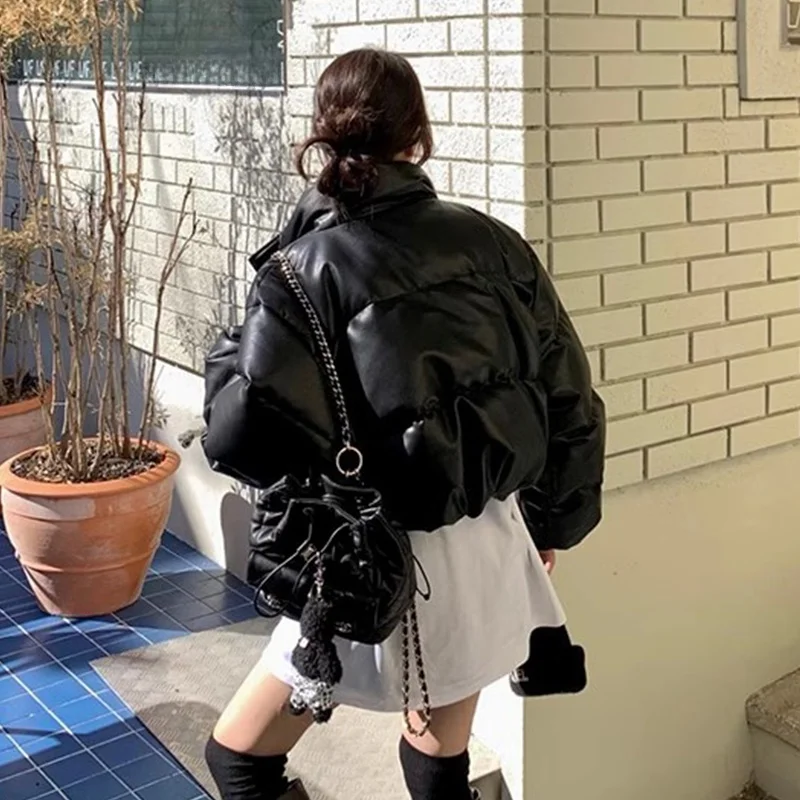 Chic Winter Vintage Stand Collar Bla Matte PU Leather Bread Coat Loose Warm ort Cotton Jaet Women's Faion Commute
