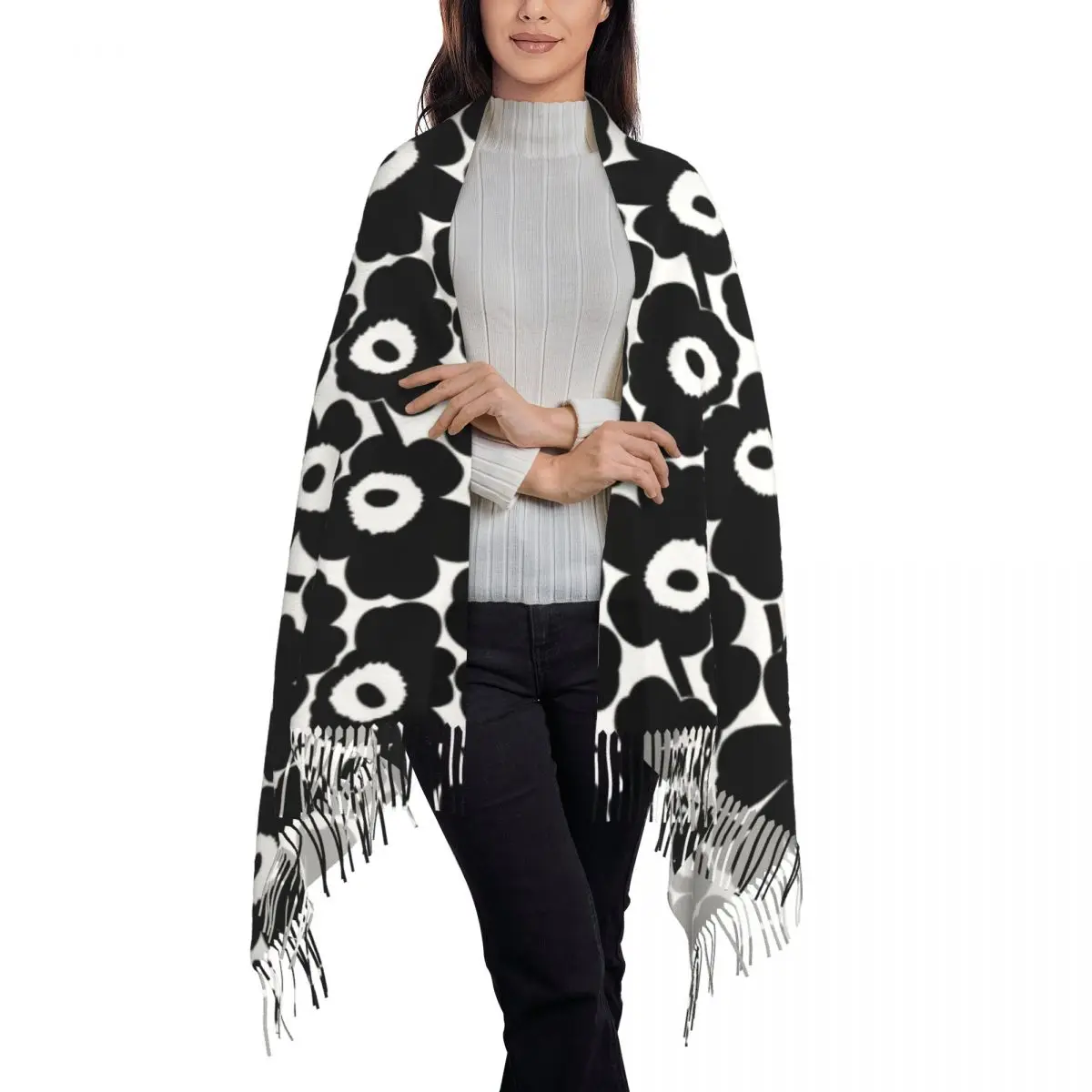 Custom Female Large Little Poppy Print Scarves Women Winter Thick Warm Tassel Shawl Wrap Fashion Modern Style Scarf