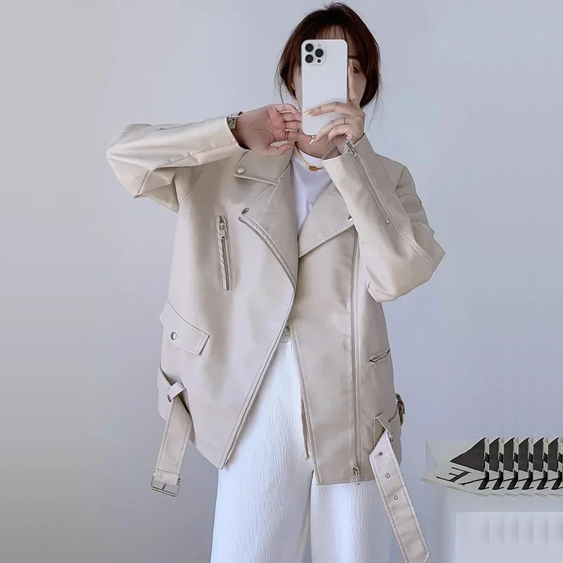 Korean Casual Faux Leather Jacket Short Coat With Belt Purple Beige Black Spring Women Lapel Long Sleeve PU Leather Biker Jacket