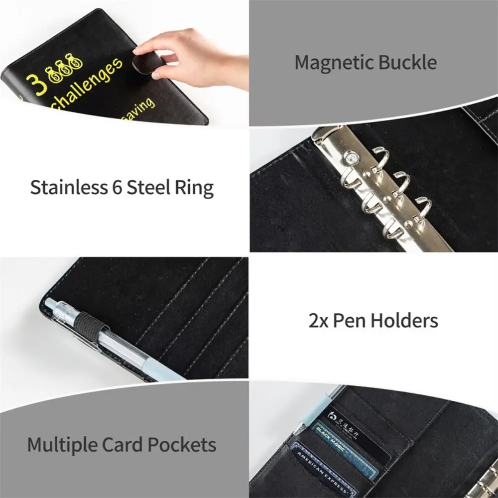 PU 100 Envelope Challenge Notebook 6 Holes Colorful Money Saving Binder Save Money Multi Pockets 100 Day Challenge Budget Binder