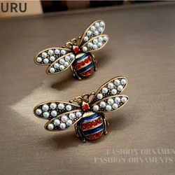 Trendy Jewelry Lovely Design Simulated Pearl Red Glass Honeybee Stud Earrings For Women Girl Prty Gift