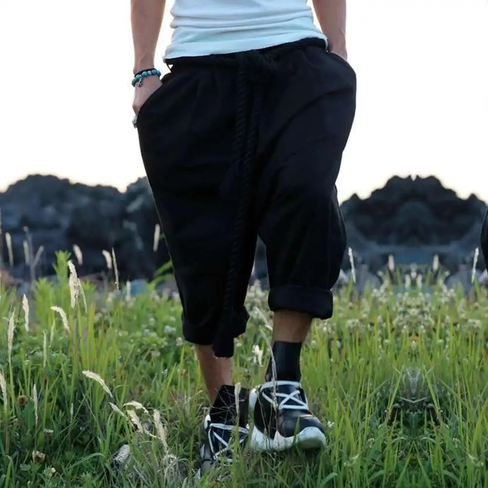 Men's New Pants Club Stage Baggy En Pants Men Black Summer With Rope Belt Mens Gothic Punk Hip Hop Joggers Street Wear S